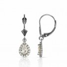 14K White Gold 2.25 CT Halo White Sapphire Tear Drop Dangle Lever Back Earrings