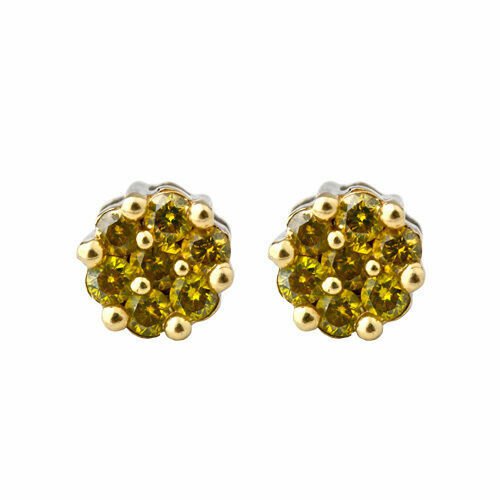 14K White Gold 1 CARAT Canary Diamond Flower Round Cut Stud Earrings
