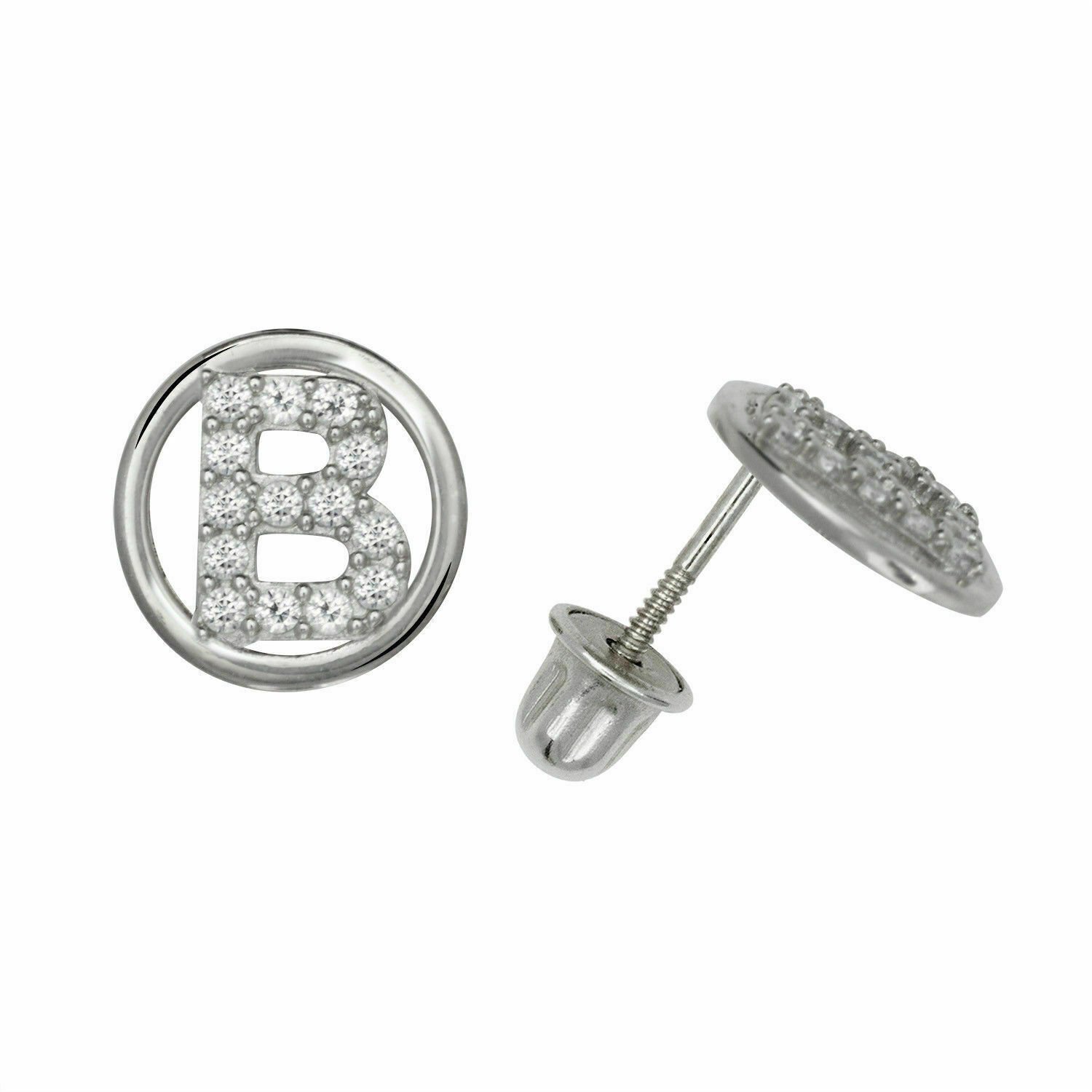 14K White Gold Letter "B" Initial Round Child  Screw Back Stud Earrings