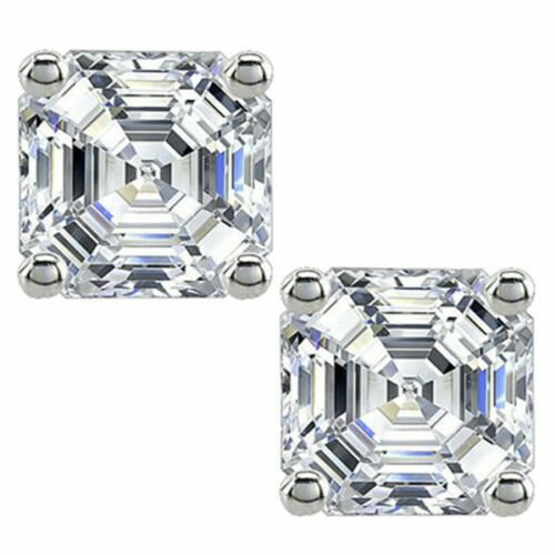 14K WHITE GOLD 3.00 CARAT ASSCHER CUT SCREW BACK STUD EARRINGS