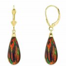 14K Yellow Gold 1.1" Tear Drop Shaped Black Fire Opal LeverBack Dangle Earrings