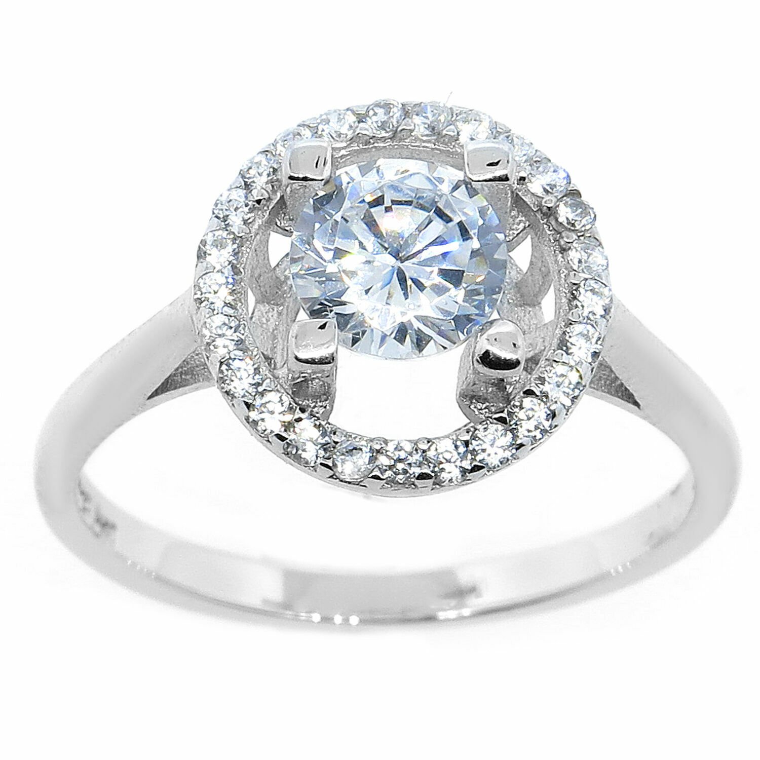 14K White Gold Sterling Silver SIZE 6 Halo Cubic Zirconia Engagement Ring