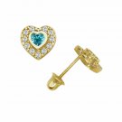 14K Yellow Gold Topaz Halo CZ Heart Shape Child  Screw Back Stud Earrings