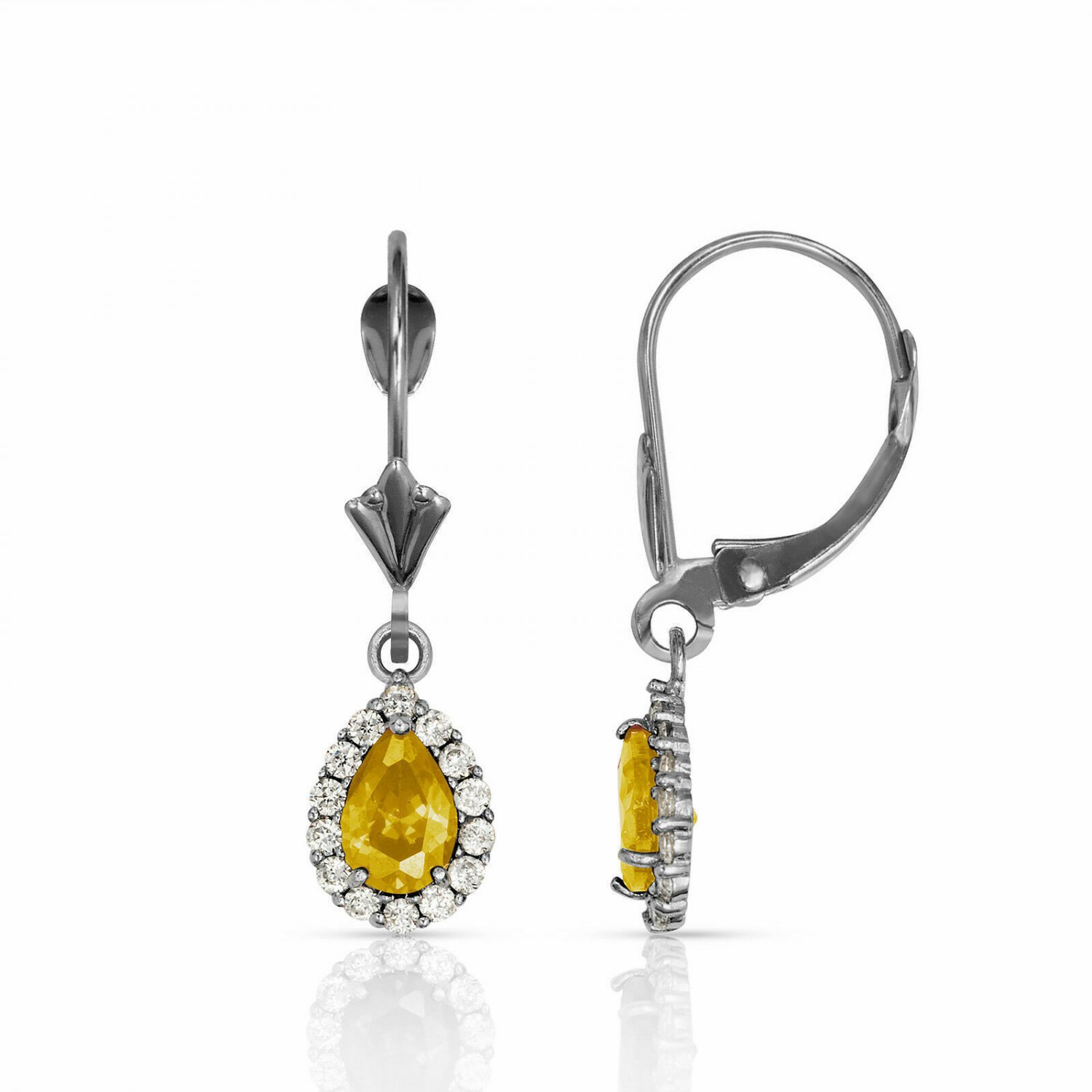 14K White Gold 2.25 CTW Halo Citrine Pear Tear Drop Dangle Lever Back Earrings