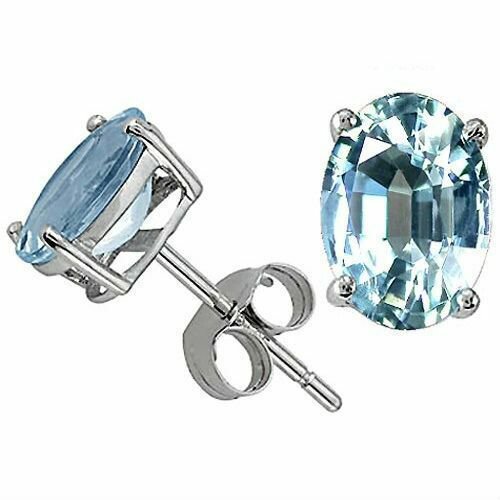 1.00 CARAT 6x4mm 14K SOLID WHITE GOLD AQUAMARINE OVAL SHAPE STUD EARRINGS PUSH