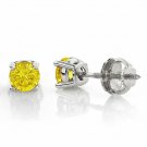 14K White Gold 1CT Round Canary Yellow Solid  Stud Screw Back Earrings simulated