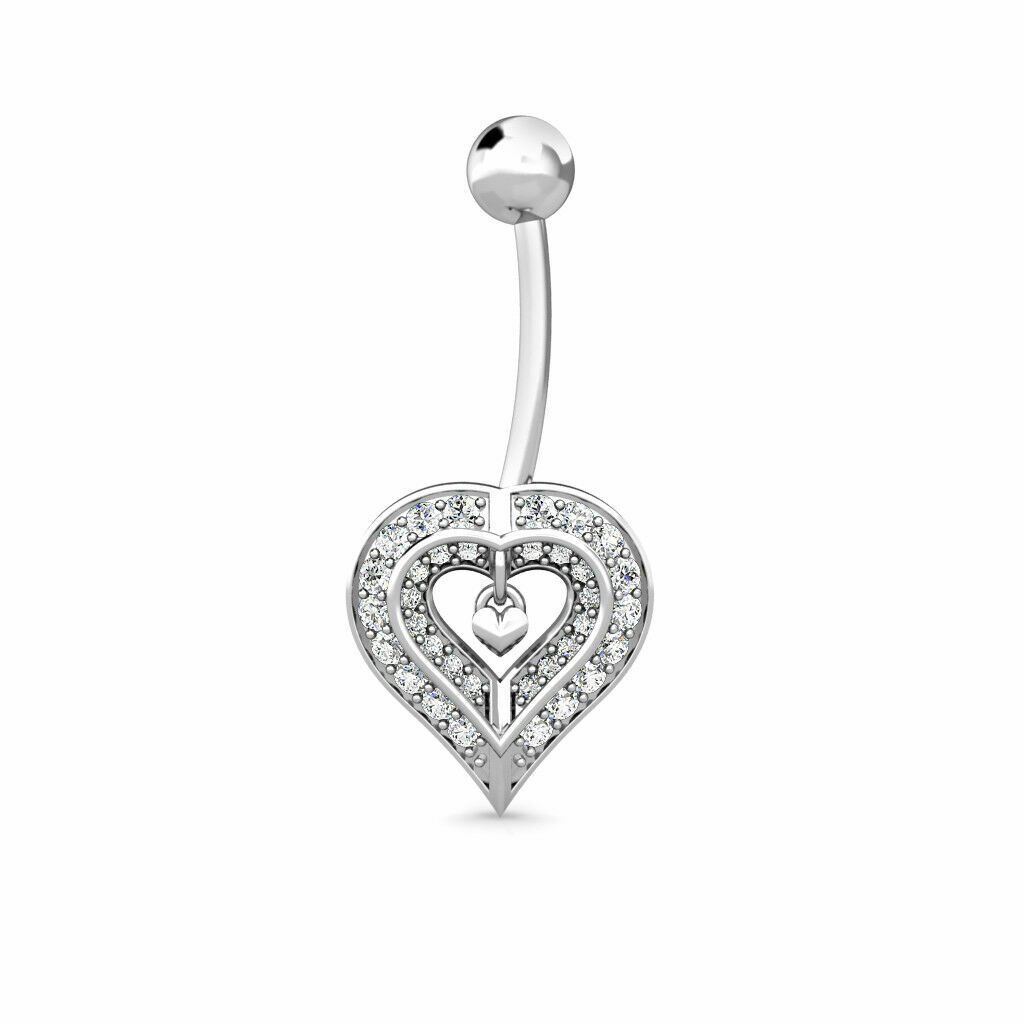 14K WHITE GOLD 0.40 CT Created Diamond Two Hearts Navel Belly Button Ring