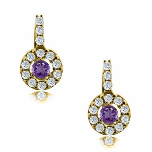 14K Yellow Gold Plated Silver FEBRUARY Birthstone Halo Drop Lever Back Earrings