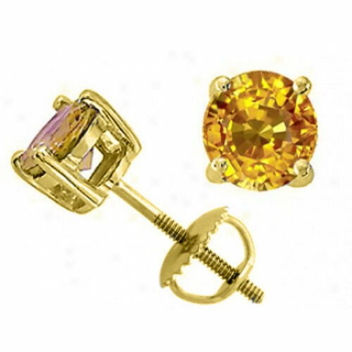 14K SOLID YELLOW GOLD 2.50 CARAT  SCREW BACK ROUND CANARY SAPPHIRE STUD EARRINGS