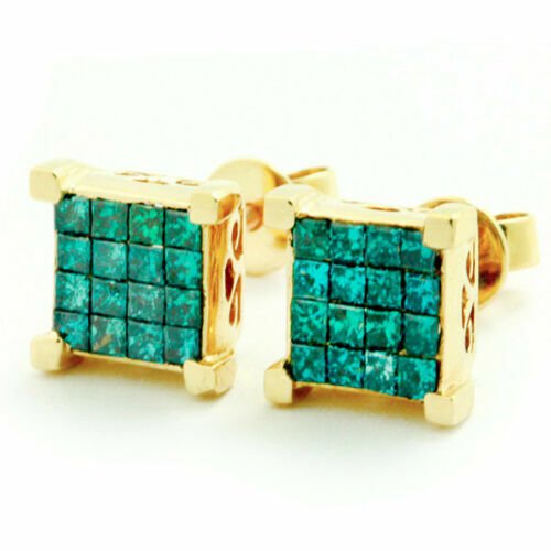 14K Yellow Gold 1.49CT 3D Princess Cut Blue Diamond Screw Back  Stud Earrings