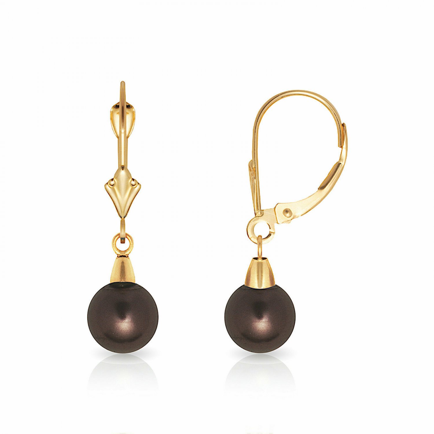 14K Yellow Gold 7MM Black Pearl Lever Back Dangle Drop Earrings