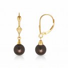 14K Yellow Gold 7MM Black Pearl Lever Back Dangle Drop Earrings
