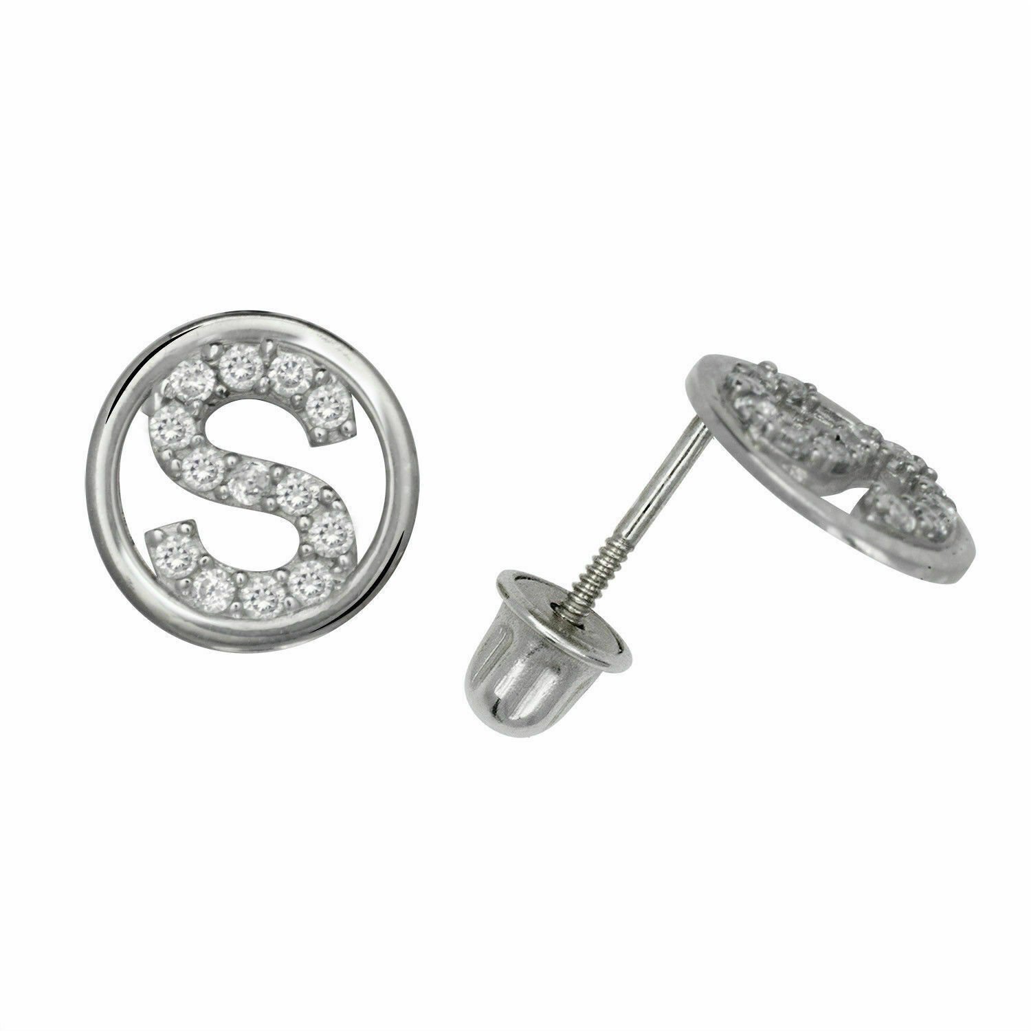 14K White Gold Letter "S" Initial Round Child Screw Back Stud Earrings
