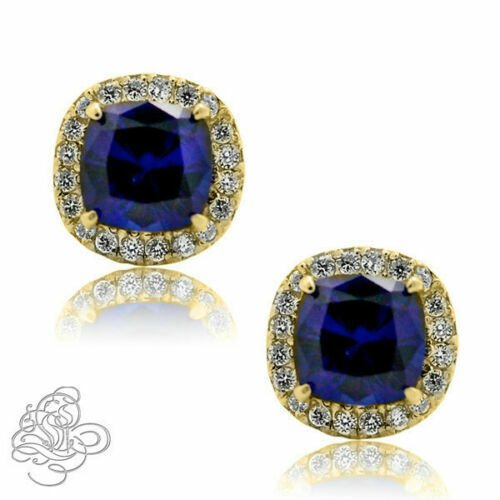 14K YELLOW GOLD 2.49 CT HALO STUD CUSHION BLUE & WHITE SAPPHIRE  STUD EARRINGS
