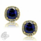 14K YELLOW GOLD 2.49 CT HALO STUD CUSHION BLUE & WHITE SAPPHIRE  STUD EARRINGS