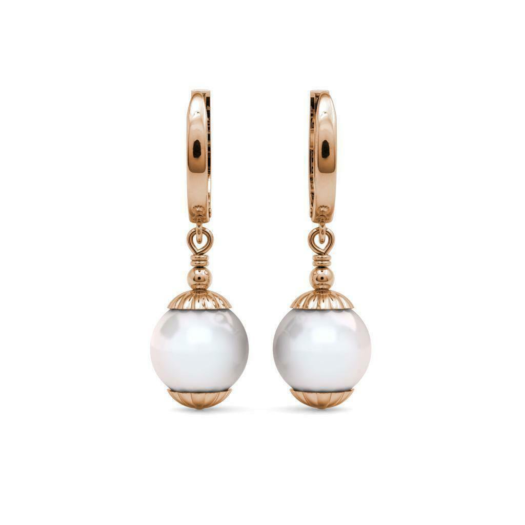 14K Solid Rose Gold Freshwater Pearl Huggie Hoop Dangle Earrings