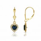 14K Yellow Gold White & Blue Sapphire Halo Heart Dangle Lever Back Earrings