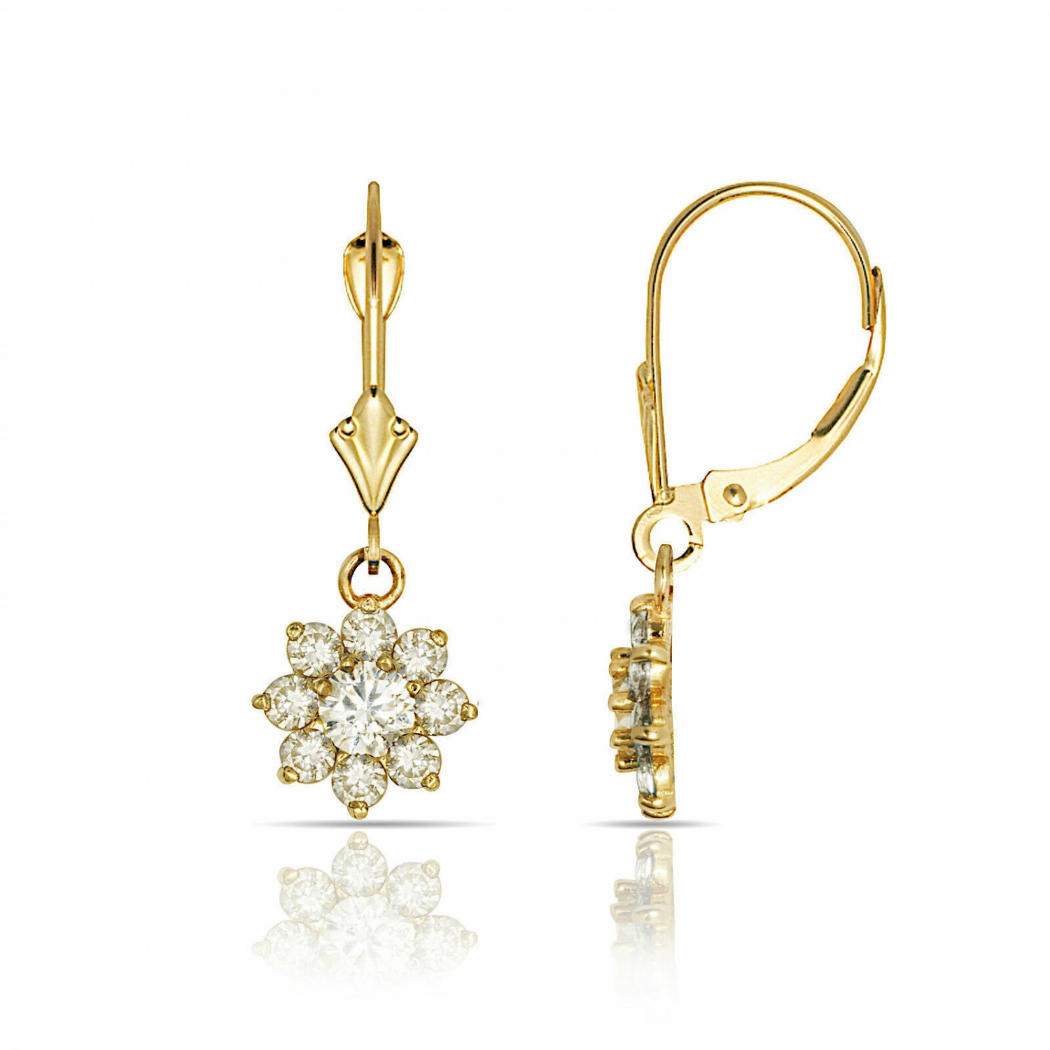 14K Yellow Gold 1CT White Sapphire Flower Cluster Dangle Leverback Earrings