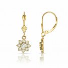 14K Yellow Gold 1CT White Sapphire Flower Cluster Dangle Leverback Earrings