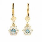 14K Yellow Gold Aquamarine Birthstone Flower Dangle Lever Back Earrings