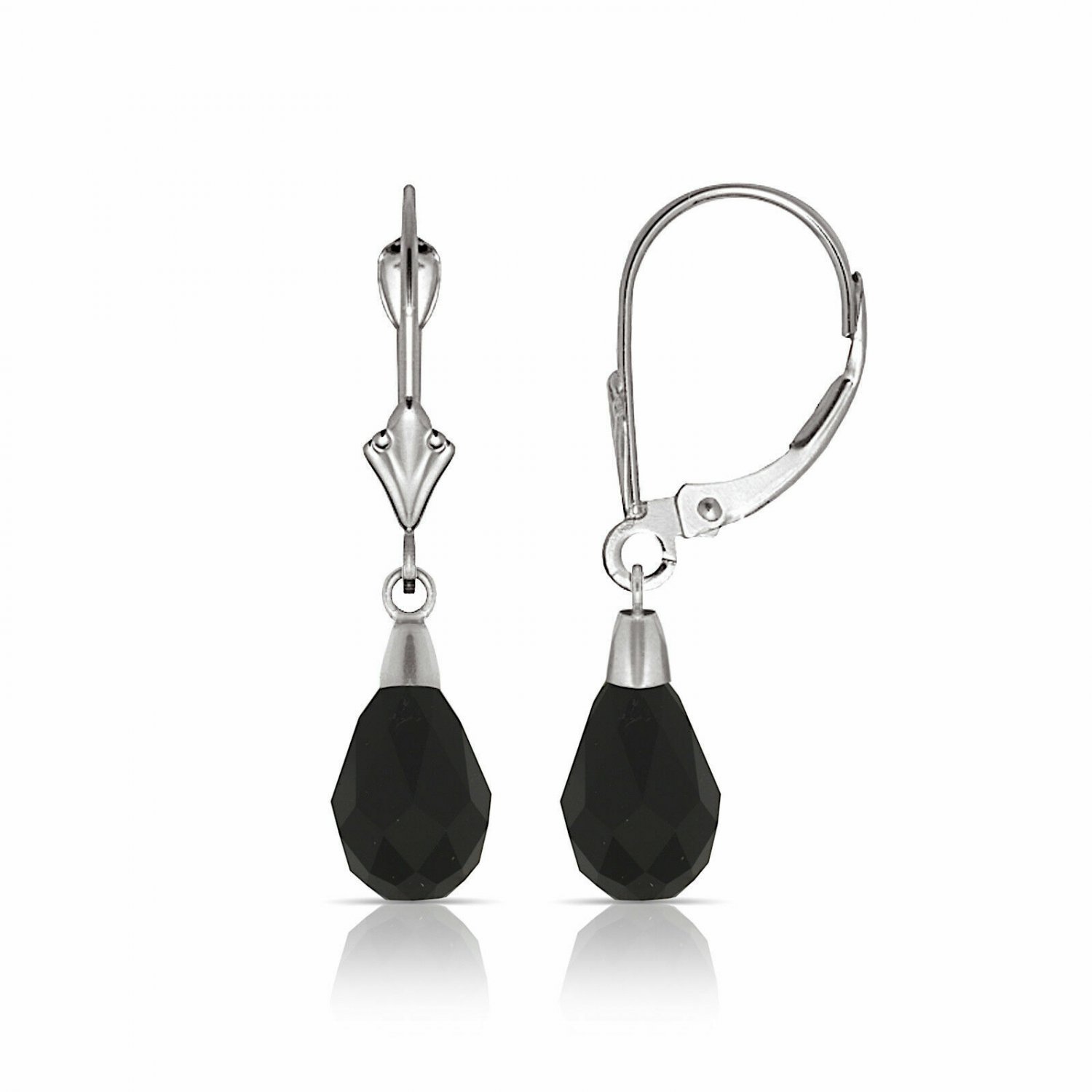 14K White Gold Tear Drop Shaped Black Sapphire Dangle Drop Leverback Earrings