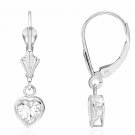 14K  White Gold 7MM Bezel Set White Sapphire Heart Lever Back Dangle Earrings