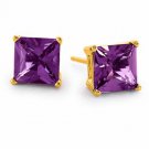 14K SOLID YELLOW GOLD 3.60 CARAT 7MM PRINCESS CUT AMETHYST STUD EARRINGS