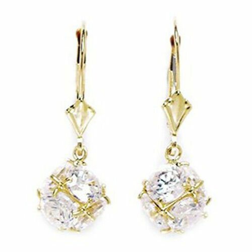 14K YG Women/Children's White Sapphire Large Disco Ball Drop Lever Back Earrings