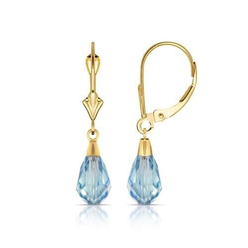 14K Solid Yellow Gold Tear Drop Shaped Aquamarine Dangle Drop Leverback Earrings