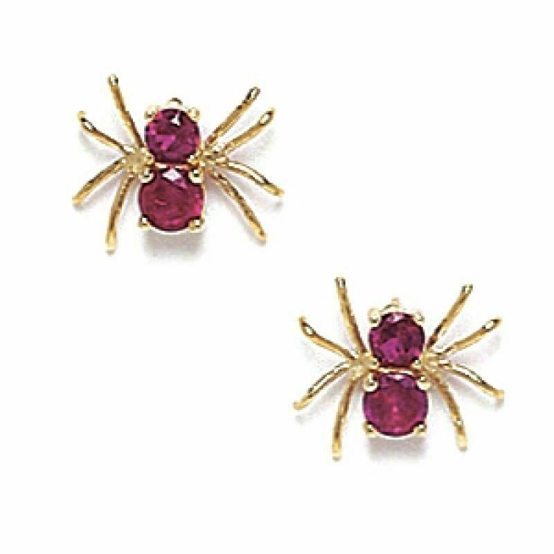14K Solid Yellow Gold Ruby July Birthstone Spider  Push Stud Earrings