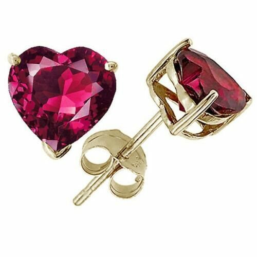 14K YELLOW GOLD 6MM 2.00 CARAT HEART RUBY  BASKET PUSH BACK STUD EARRINGS