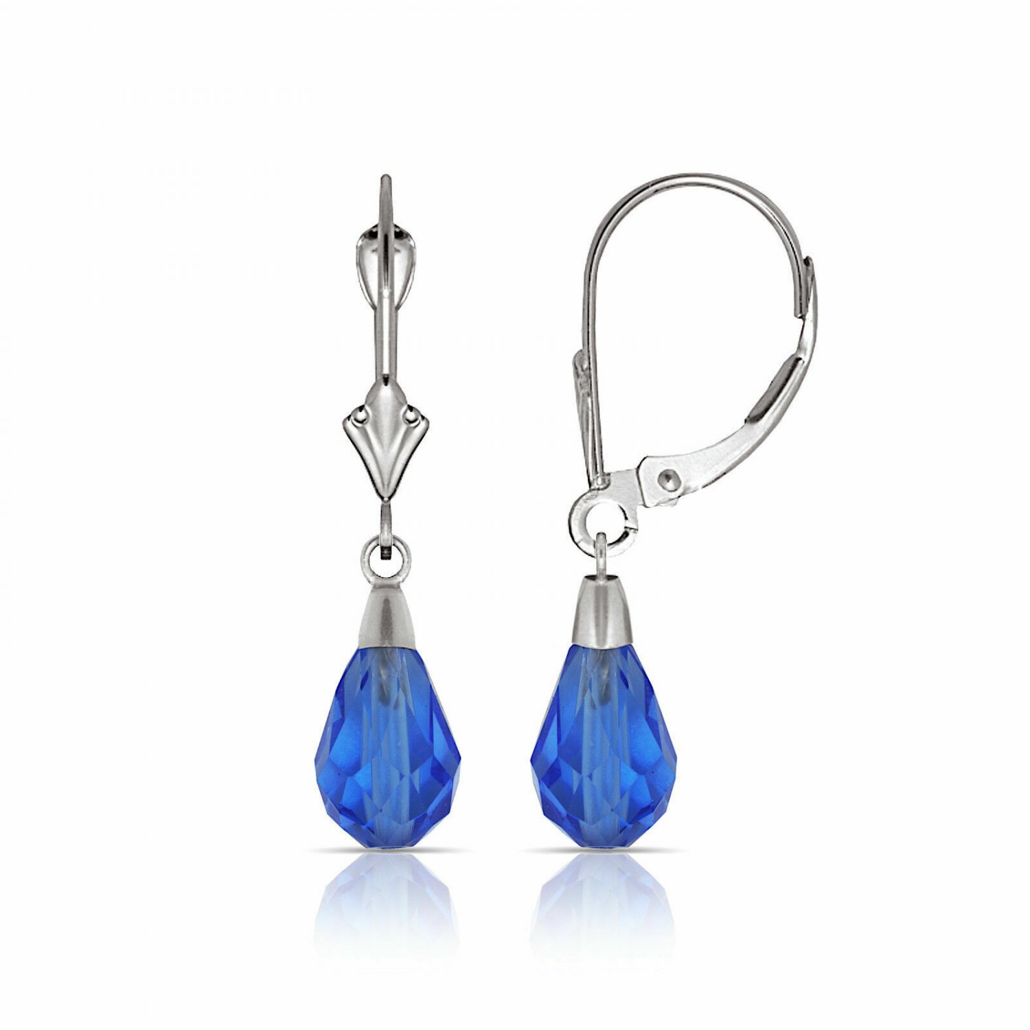 14K Solid White Gold Tear Drop Shaped Sapphire Dangle Drop Lever Back Earrings