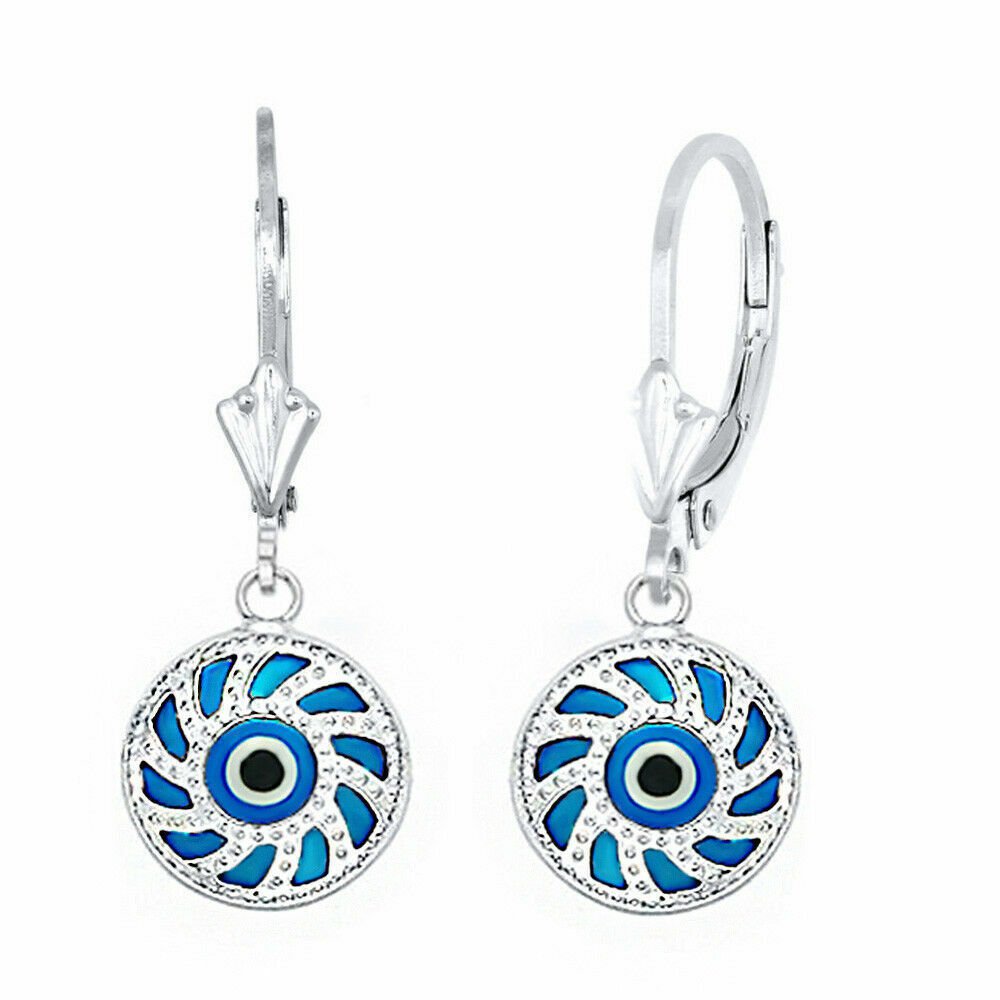 Sterling Silver Hamsa Evil Eye Greek Turkish Drop Charm Lever Back Earrings