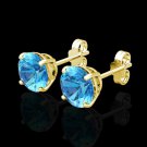 14K Real Yellow Gold 2CT Created Blue Topaz Round Solitaire Basket Stud Earrings