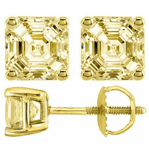 14K YELLOW GOLD 2.19CT ASSCHER CUT CANARY SCREW BACK  STUD EARRINGS