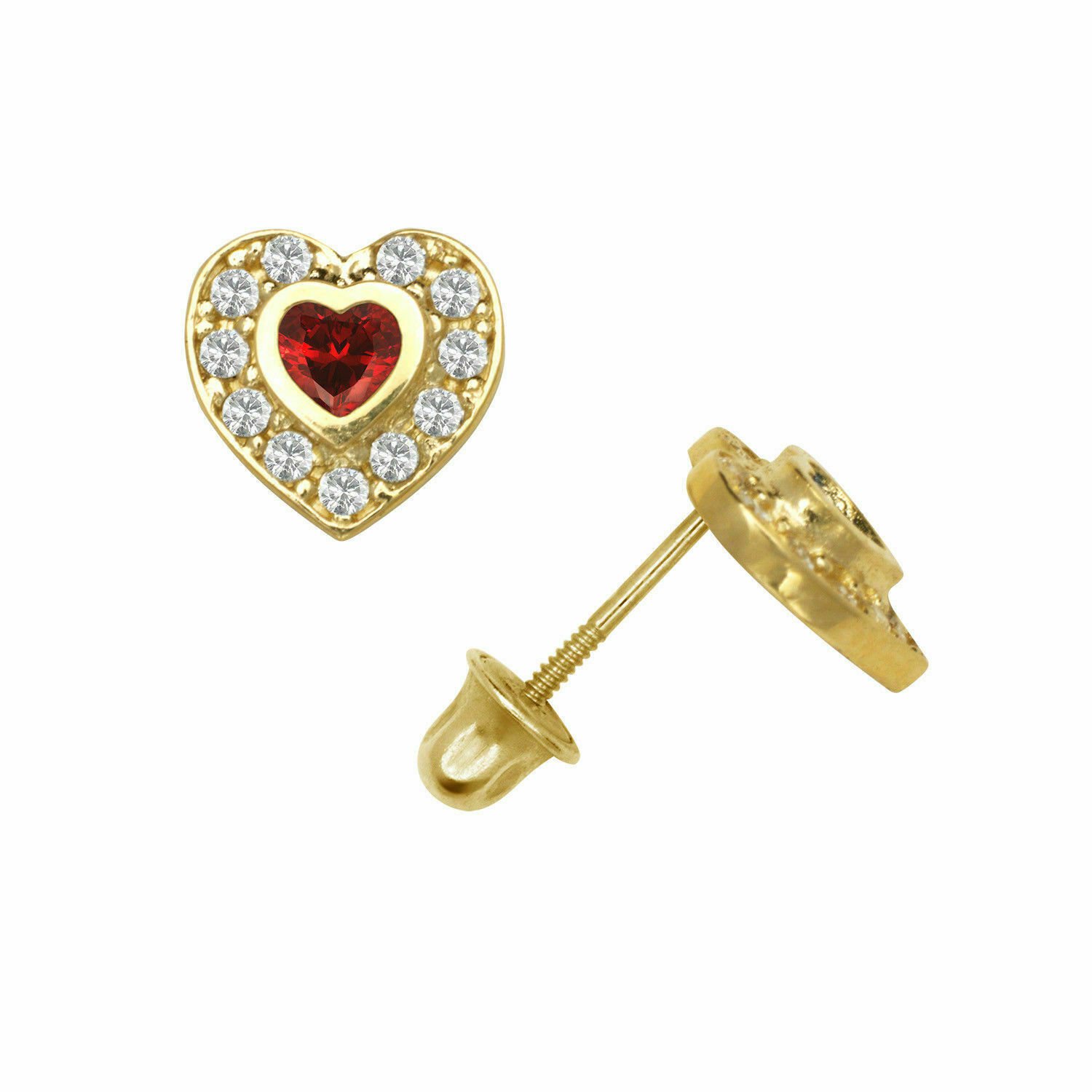 14K Yellow Gold Garnet Halo CZ Heart Shape Child  Screw Back Stud Earrings