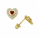 14K Yellow Gold Garnet Halo CZ Heart Shape Child  Screw Back Stud Earrings