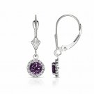 14K White Gold 1.25 CTW Round Halo Amethyst Drop Dangle Lever Back Earrings