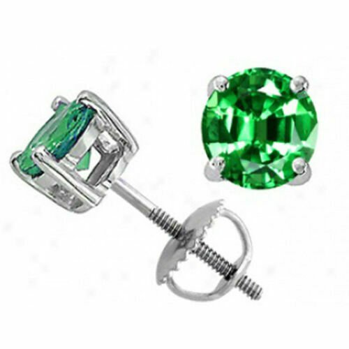 14K WHITE GOLD 5MM EACH WOMENS EMERALD ROUND SHAPE SCREW BACK STUD EARRINGS