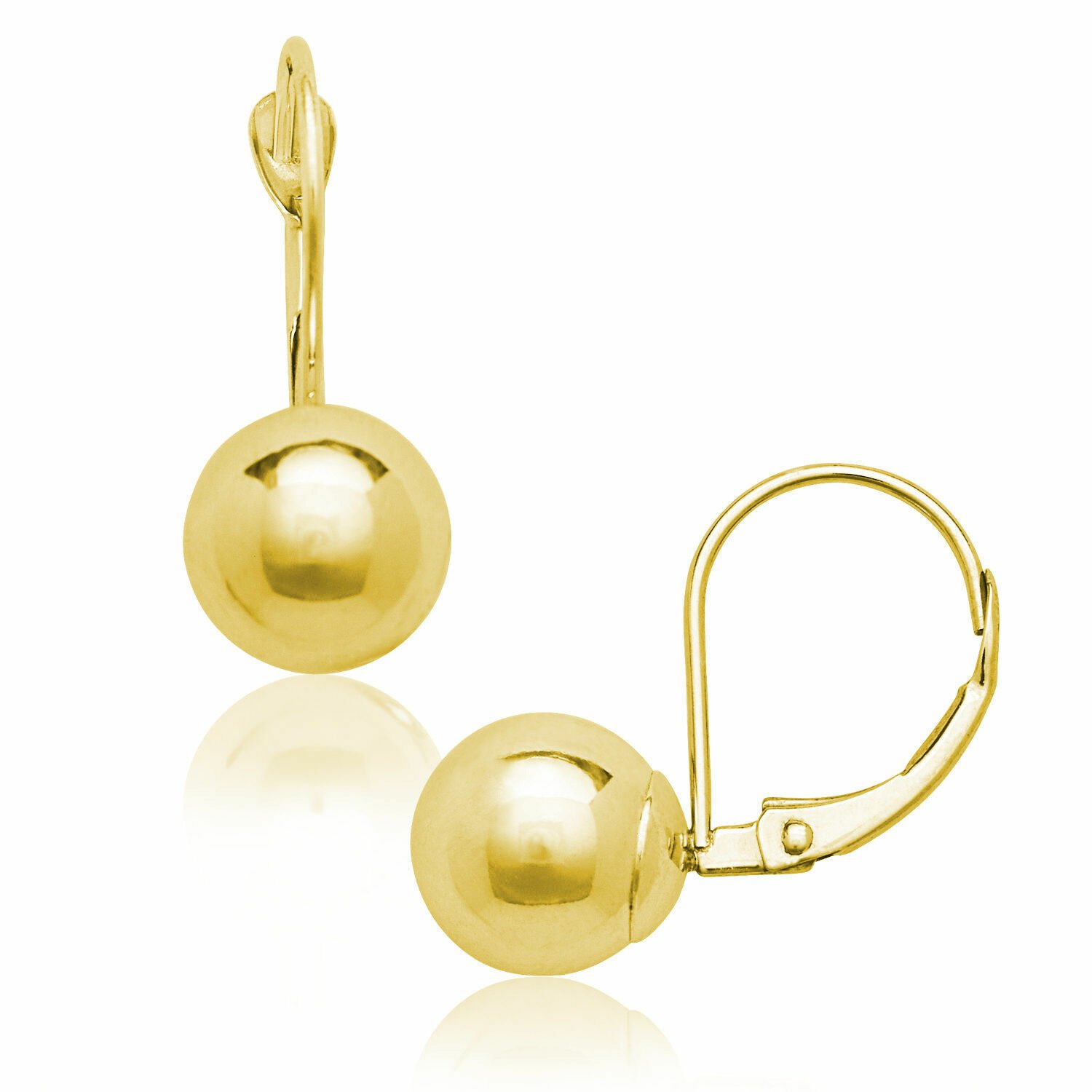 14K Solid Yellow Gold 8MM Ball Stationary Lever Back Earrings Dangle