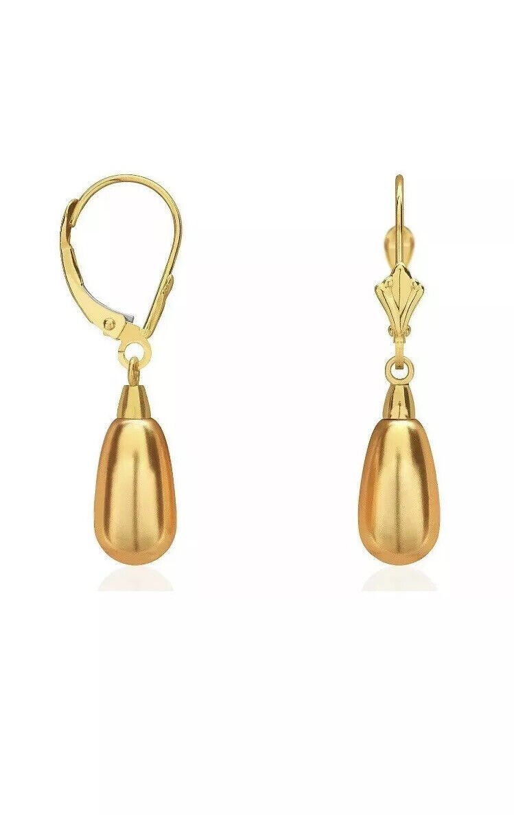 Teardrop Shaped Yellow Pearl Leverback Dangle Earrings 14K Solid Yellow Gold