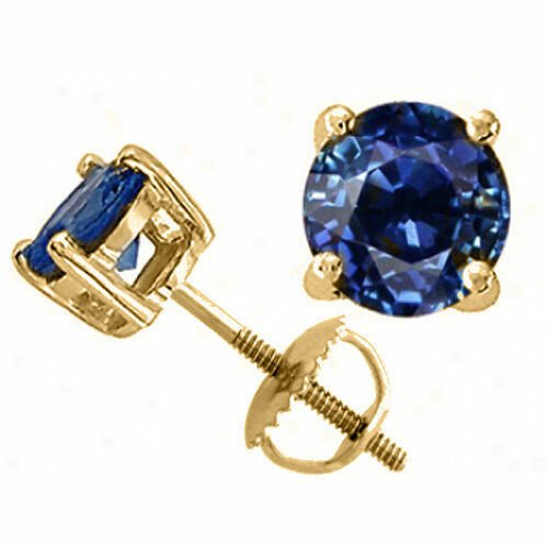 14K Yellow Gold  2.50 CARAT Round Shape Sapphire Screw Back Stud Earrings