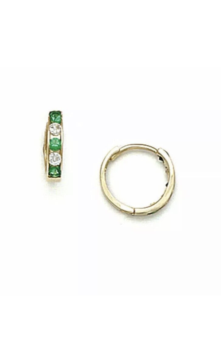 14K Solid Yellow Gold Emerald May Birthstone Huggie Earrings ER-H1-5