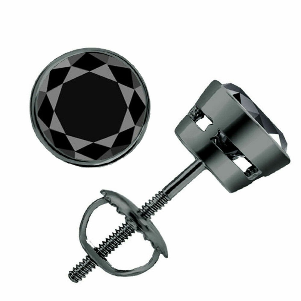 14K Black Gold 1CT Natural Black Diamond Bezel Solitaire Screw Stud Earrings