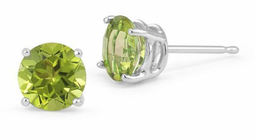 14K SOLID WHITE GOLD 3.00 CT. 7MM PERIDOT ROUND SHAPE  PUSH BACK STUD EARRINGS