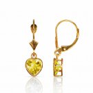 14K Solid Yellow Gold  6MM Bezel Set Citrine Heart Lever Back Dangle Earrings