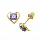 14K Yellow Gold Baby Girl Round Amethyst Heart Shape Screw Back Stud Earrings