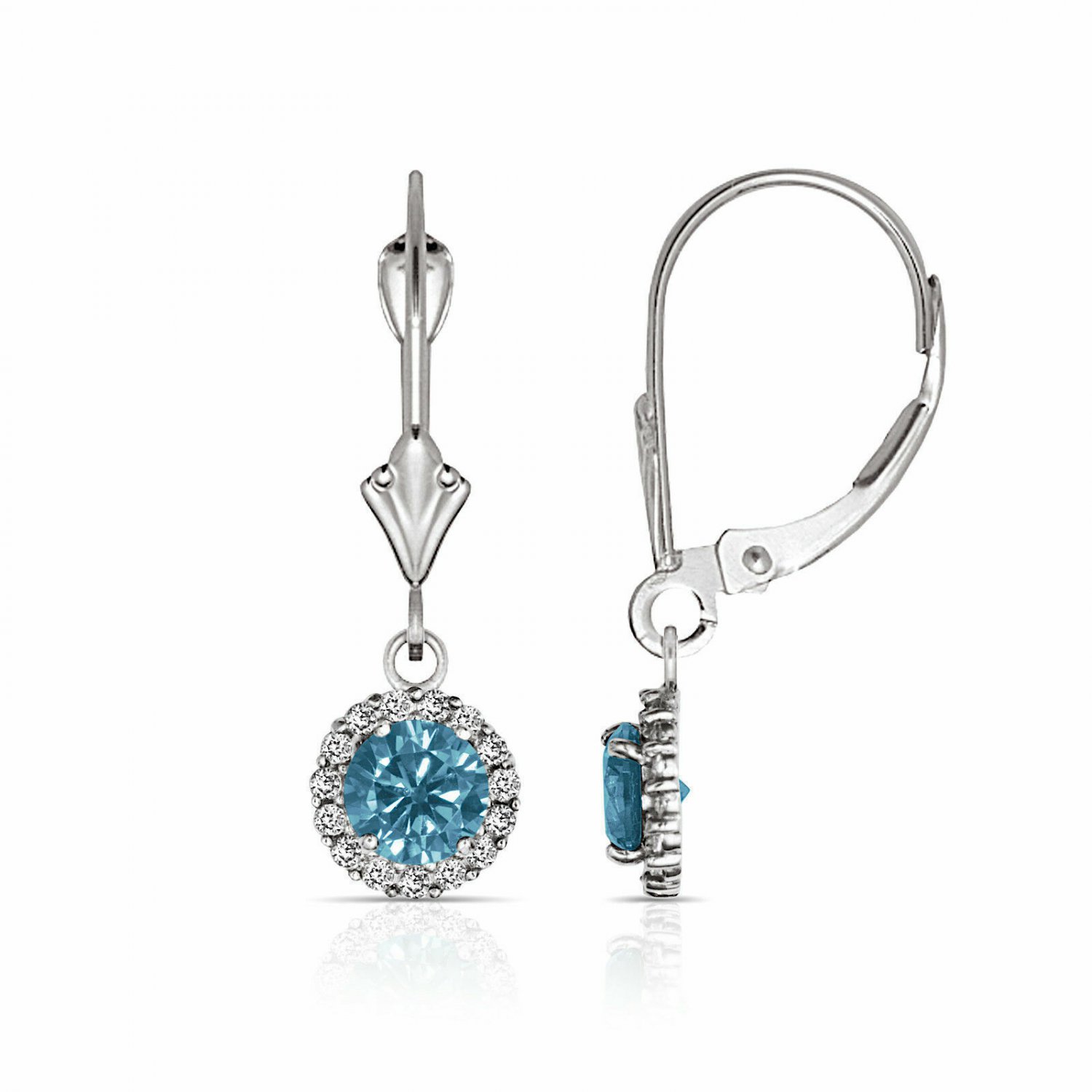 14K White Gold 1.25 CTW Round Halo Blue Topaz Drop Dangle Lever Back Earrings