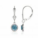 14K White Gold 1.25 CTW Round Halo Blue Topaz Drop Dangle Lever Back Earrings