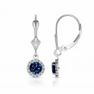 14K White Gold 1.25CTW Round Halo Blue Sapphire Drop Dangle Lever Back Earrings